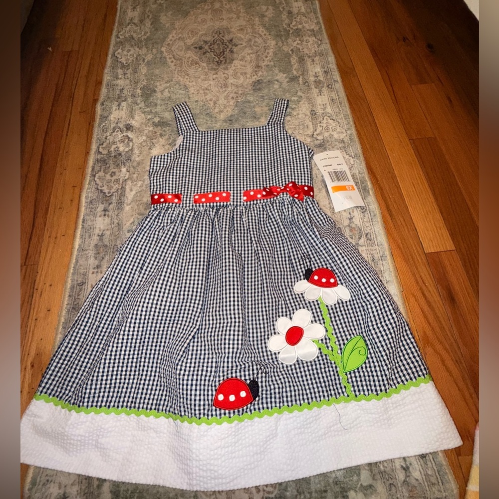 Rare Editions Navy Gingham Dress with Red Polka Dot Accent